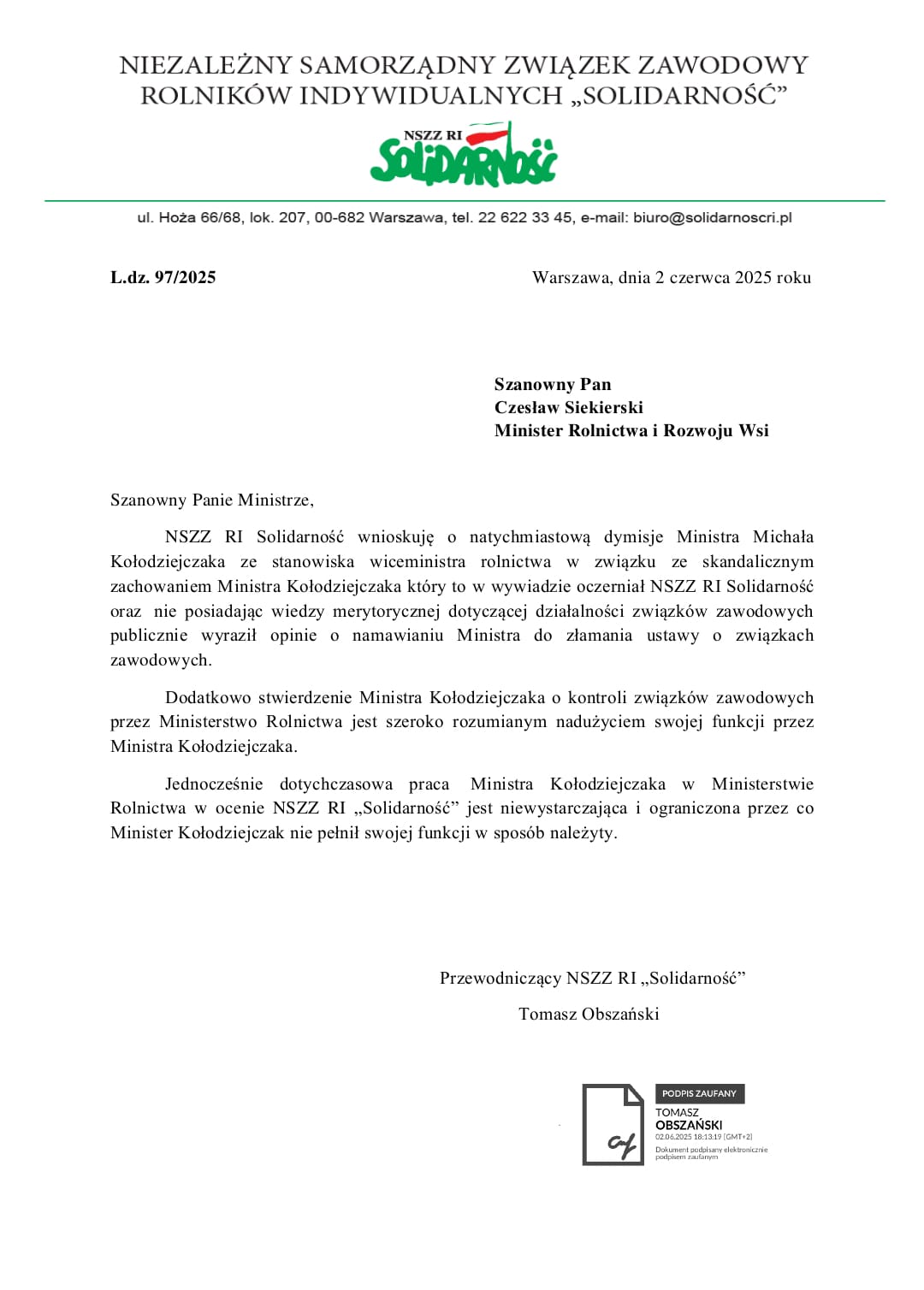 wniosek o dymisję Kołodziejczaka